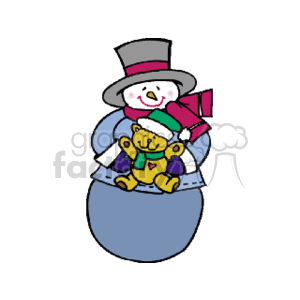 The image is a colorful clipart of a snowman dressed in winter clothing, including a top hat and a scarf. The snowman is holding a teddy bear, which is also wearing a hat and scarf, and there is a festive atmosphere implied. The snowman appears to be smiling, suggesting a joyful holiday theme.