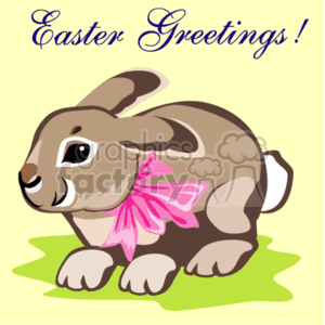 Easter Greeting Card with a Grey Bunny and a Pink Ribbon clipart. Royalty-free image # 144150