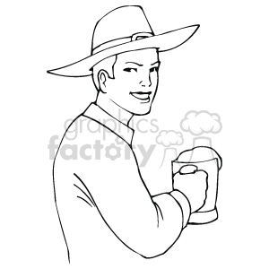 In the clipart image, there is a person smiling and holding what seems to be a mug of beer. The person is wearing what appears to be a wide-brimmed hat. It's a black and white image, and there's no explicit indication of it being related to St. Patrick's Day or the color green, Irish elements, a handle, a buckle, or associated holidays within the image itself.