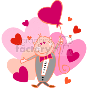 A Cartoon Man Surrounded by a lot of Hearts Holding a Pink Balloon