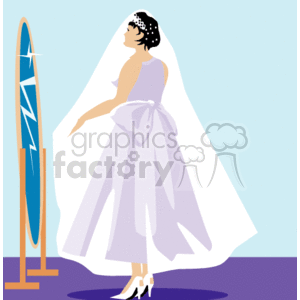 The clipart image features a stylized representation of a bride. She is wearing a white bridal gown with a bow detail on the back, white heeled shoes, and a bridal veil adorned with what appears to be small decorative elements (possibly flowers or pearls). The bride is standing next to a full-length mirror with a wooden frame, implying she is looking at her reflection, possibly preparing for her wedding ceremony.