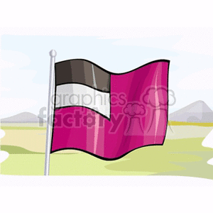The image depicts a flag on a flagpole with a unique color scheme—consisting of black, white, and a shade of pink or purple—fluttering against a landscape with grass and distant mountains. It appears to be a stylized representation and not an actual national flag.