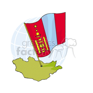 This clipart image features a stylized representation of the national flag of Mongolia placed on a pole, set against the backdrop of a simple globe illustration. In the foreground, there's an outlined map of Mongolia.