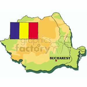 The clipart image features a stylized map of Romania shaded in yellowish tones, with the Romanian flag (three vertical stripes in blue, yellow, and red) superimposed on the upper left part of the country's outline. The capital city, Bucharest, is indicated with a red dot and labeled on the map.