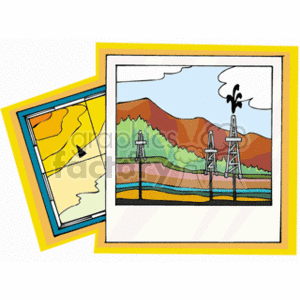 The clipart image displays two stylized representations of maps. One map appears spatial or geographic in nature with a yellow background and features what could be roads or paths, denoted by a black arrow. The other map or image illustrates a landscape with mountains, trees, a body of water, and two telecommunication towers with signals emitting from one of them. The images are layered over one another with a drop shadow effect, suggesting depth.