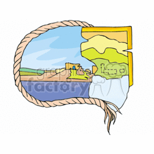 This clipart image depicts a simplified representation of a landscape within a rope-bordered frame which seems to resemble a nautical theme. Inside the frame, there is a body of water (possibly a sea or ocean), a piece of land with green areas that could represent vegetation or land features, and buildings that might indicate a human settlement or historical site. The style and colors used are cartoonish and not geared towards accurate geographical representation.