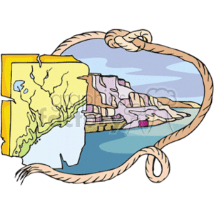 The clipart image features a stylized portrayal of a coastal scene within an elliptical frame outlined with a rope. Within the frame, there are depictions of a map section, coastal cliffs or a shoreline, ocean water, and a sky. The map appears to be highlighting a specific coastal region.