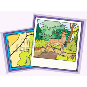 The clipart image features two overlapping framed images. The one on the left depicts a segment of a map, possibly a topographic map given the contour lines, which might be used for navigation or tracking game in a hunting scenario. The second image, overlapping to the right, shows a colorful illustration of a deer in a forested setting, possibly on a trail, which could be related to hunting or wildlife observation.