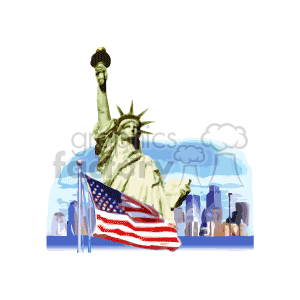 The statue of liberty with New York city in the background and an american flag clipart.