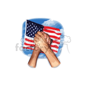 Clasped hands in front of an american flag clipart.