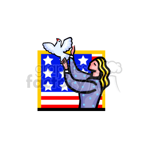 Woman standing in front of an american flag with a dove clipart.