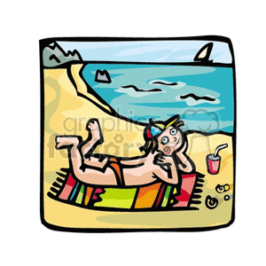 A little boy in a speedo laying on his towel at the beach clipart.