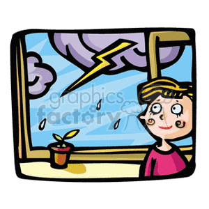 Child watching a lightning storm out of a window clipart.