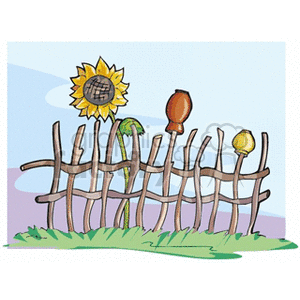 clipart - Sunflower behind a small wooden fence.