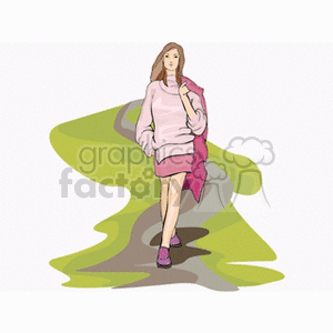 A Blonde Woman in Pink Walking Down a Winding Path