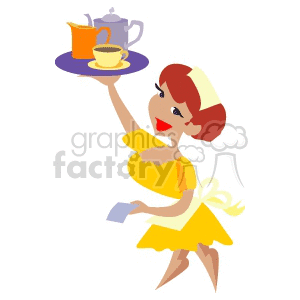 clipart - A Happy Waitress Serving some Coffee and Giving the Check.