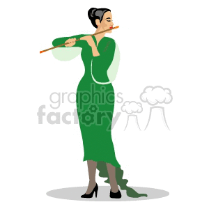 A Woman in a Green Dress Playing a Flute clipart.