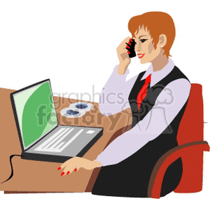 A Woman Dressed in a Black Suit and a Purple Shirt Talking on a cell Phone and Working on a Laptop clipart. Commercial use image # 155564