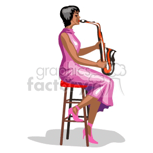 A Woman Wearing a Pink Dress Sitting on a Stool Playing a Saxophone