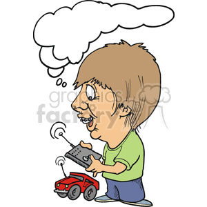clipart - A boy with a thought bubble playing with his remote control car.
