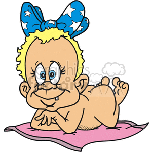 A Smiling Baby Laying on a Pink Blanket with one tooth and a Big Blue Bow clipart. Royalty-free image # 156392