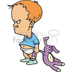 Little Baby Boy Holding His Toy Bunny Very Mad  clipart.