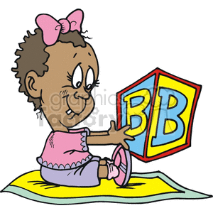 A Little Baby Girl Sitting on a Yellow Blanket Playing with a Toy Block clipart.