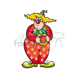 A Clown Wearing a polkadot Suit Holding a Yellow Ring and a Cone Hat clipart. Commercial use image # 156656