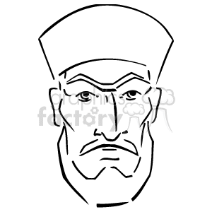 The image appears to be a line-drawn clipart of a man's face. It features prominent outlines that define the man's facial features such as his eyebrows, eyes, nose, mustache, mouth, and chin. He is also wearing what appears to be a cap or a hat, suggesting he might be dressed in some kind of uniform or specific attire.