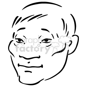 The image is a simple line drawing of a person's face. It features minimal detail, but includes the outline of the face, eyes, eyebrows, a nose, lips, and ears. The hair is indicated by a few short, curved lines on the top of the head.