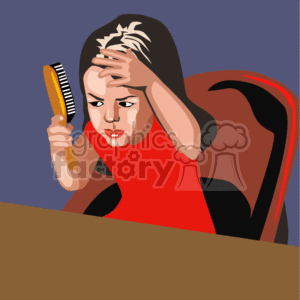 The clipart image shows a girl with her hair partially brushed up, seemingly in the process of combing or styling it. She's holding a yellow comb and is seated with a contemplative or focused expression, as if she is concentrating on getting her hairstyle just right. She appears to be sitting at a table or desk with a red chair or similar piece of furniture behind her. 