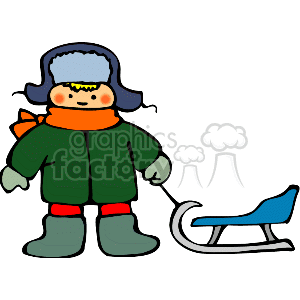 clipart - Little boy in a green coat pulling a sled.