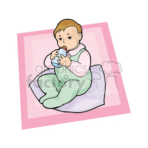 clipart - Baby sitting on a blanket drinking a bottle.
