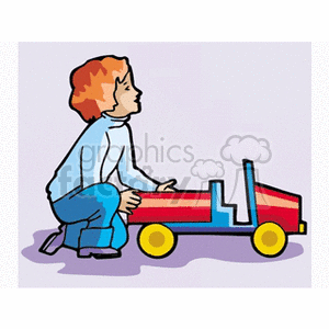 A child playing with a red and blue truck
