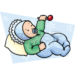 A little baby laying on a pillow holding a rattle with a pacifier in his mouth clipart. Commercial use image # 158841