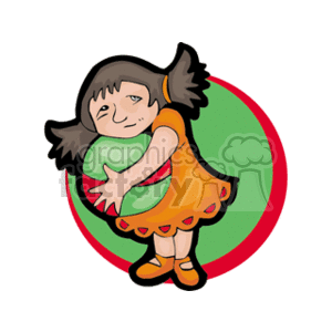 The clipart image displays a cartoon depiction of a young girl with brown hair, wearing an orange dress with yellow shoes. She appears to be hugging or holding a green ball with both arms. The background consists of a large red-bordered green circle.