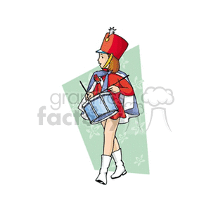 The clipart image shows a girl who is part of a band. She is a drummer and is playing the drum set. The image represents a child or kid engaging in music as a drummer, possibly as part of a group or band.
