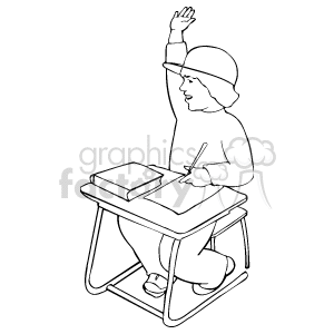 A black and white boy raising his hand while sitting at his school desk clipart. Royalty-free image # 159139