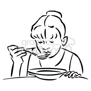 Black and white girl eating a bowl of hot soup clipart. Royalty-free image # 159199