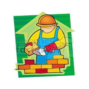 Cartoon bricklayer cementing bricks clipart. Royalty-free image # 159940
