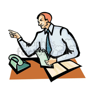 Cartoon man sitting at a desk asking someone to leave  clipart. Royalty-free image # 159956
