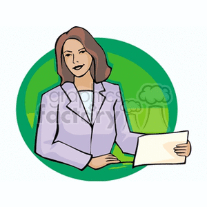 clipart - Cartoon business woman holding documents .