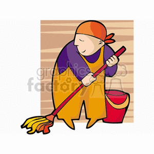 Cartoon custodian holding a mop clipart. Royalty-free image # 160012