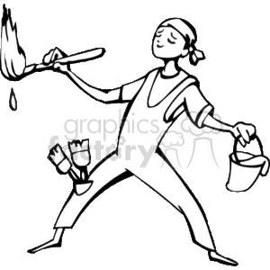 The clipart image depicts a painter at work. The individual is stylized and is holding a bucket in one hand and a paintbrush with paint dripping from it in the other hand. There are additional brushes tucked into the pocket of the painter's apron. The artist is concentrating on their task and seems to be in a dynamic pose, possibly in the act of painting.