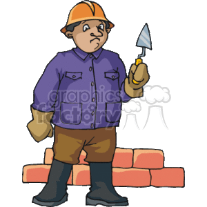 The clipart image depicts a construction worker involved in masonry. The worker is wearing a hard hat, gloves, and work clothes, standing in front of a partially built brick wall. They are holding a trowel, which is used for applying mortar to bricks when building a wall.