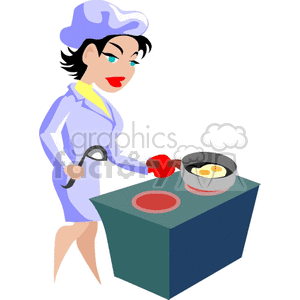 Woman chef frying eggs