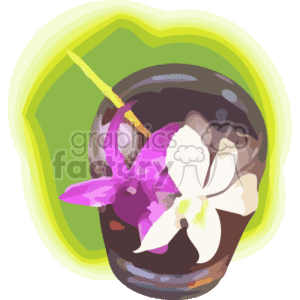 The clipart image depicts a tropical Hawaiian-themed drink. It features a dark-colored tiki-style cup with a light-colored rim, garnished with a white tropical flower and a purple flower, possibly an orchid. There's also a yellow drinking straw. The drink is set against a light green backdrop with a yellowish outline, suggesting a relaxed, vacation vibe.