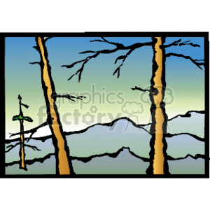The clipart image features a stylized representation of a landscape with several bare trees in the foreground, indicating a sparse or wintry forest. The middle ground shows the silhouette of a pine tree, while layered mountain ridges recede into the distance under a dusky or twilight sky with gradient colors ranging from yellow to blue. The overall scene suggests a remote, possibly mountainous woodland area.