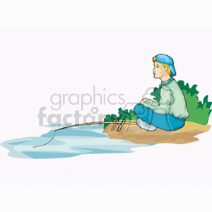 A boy fishing at the side of a river clipart. Commercial use image # 163823
