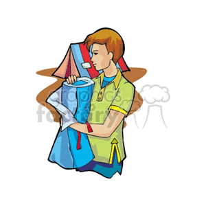 A boy holding a sleeping bag with a tent in the background clipart. Commercial use image # 163843